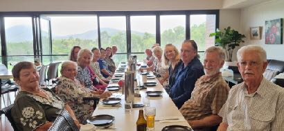 Members enjoying the birthday lunch at Hinze Dam, including Beryl Phillips who celebrated her 97th birthday